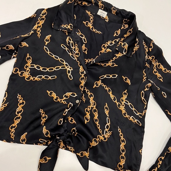 Wilfred Silk Chain Print Tie Front Blouse Black XXS - Picture 3 of 9